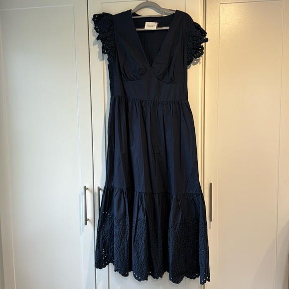 Haycinth House/English Factory Navy midi dress with eyelet detail. - Picture 3 of 12